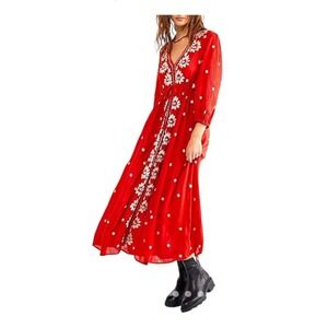 Free People Red Embroidered Floral Midi Dress V-Neck Boho Peasant Small